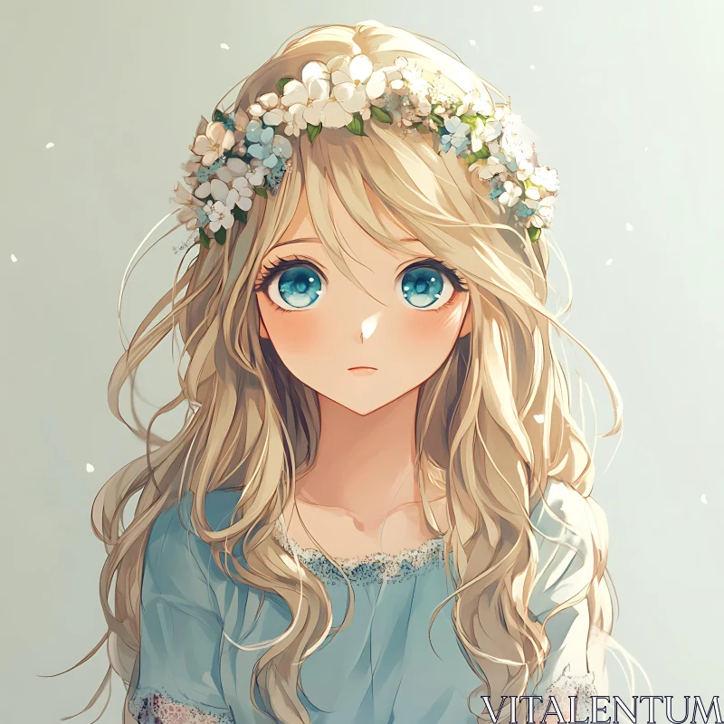 Blue-Eyed Anime Girl with Floral Crown AI Image