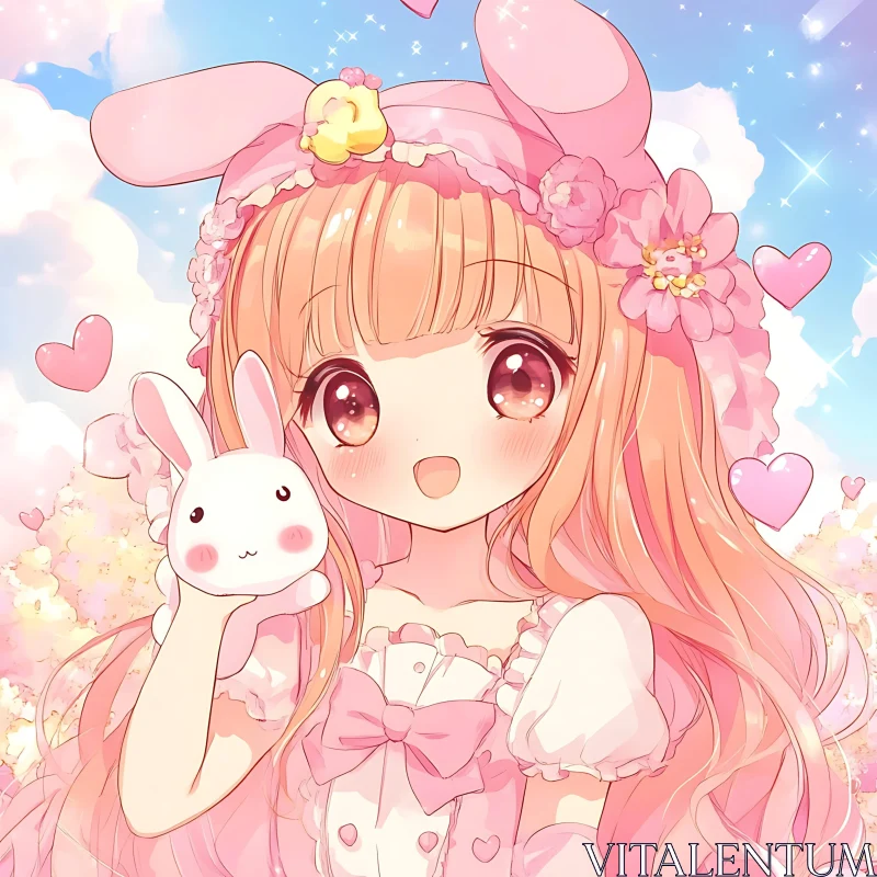 Kawaii Anime Character with Floral Headband and Bunny AI Image