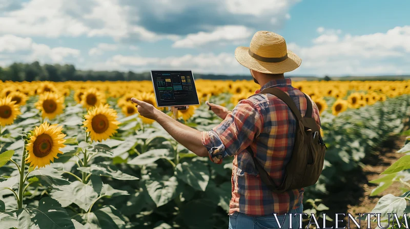 Farmer Inspecting Sunflower Field with Tablet AI Image