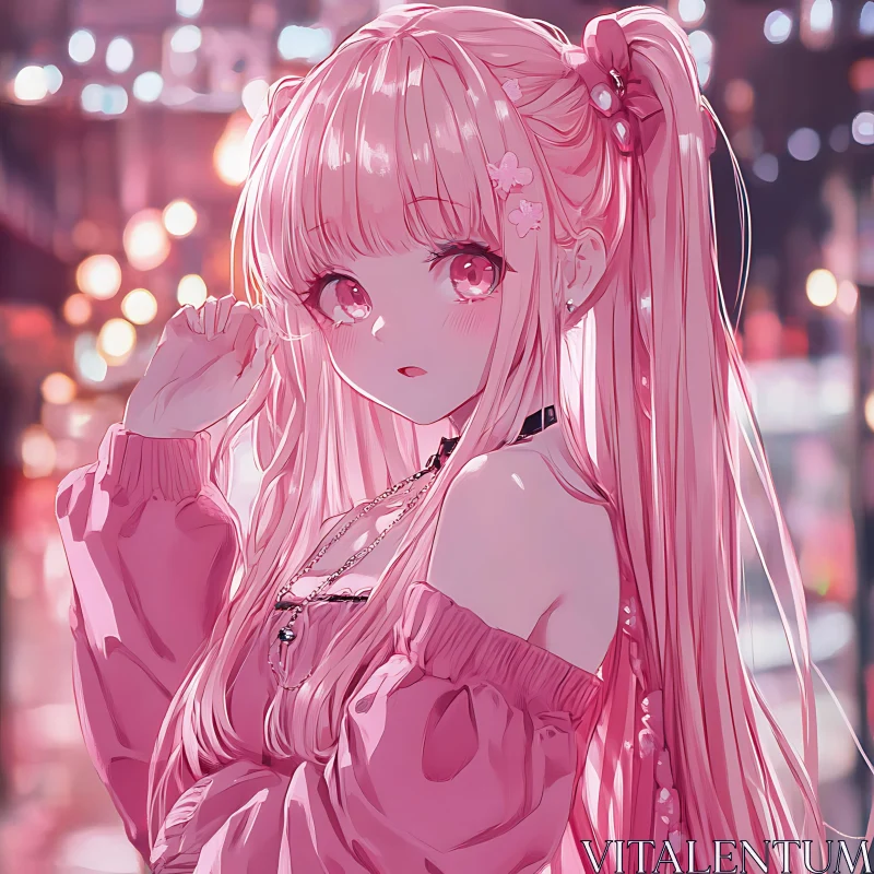 Pink-Haired Anime Girl Amidst City Lights AI Image