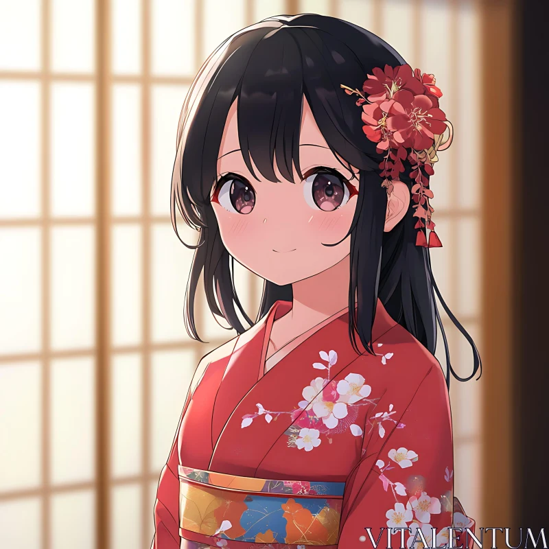 Anime Girl with Flower Hairpin and Kimono AI Image