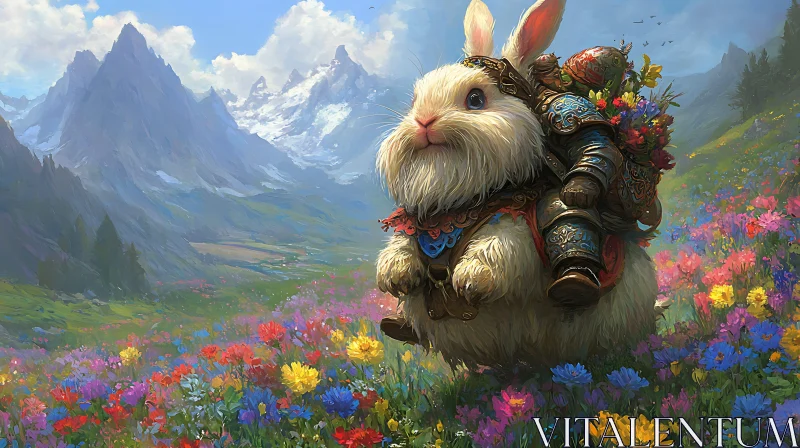 Armored Rabbit Among Flowers AI Image