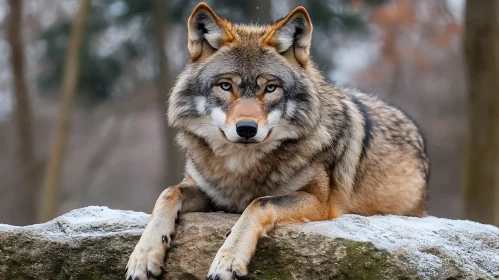 Resting Wolf on Snowy Rock