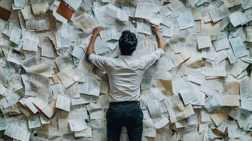 Man Surrounded by Documents: Paperwork Overload