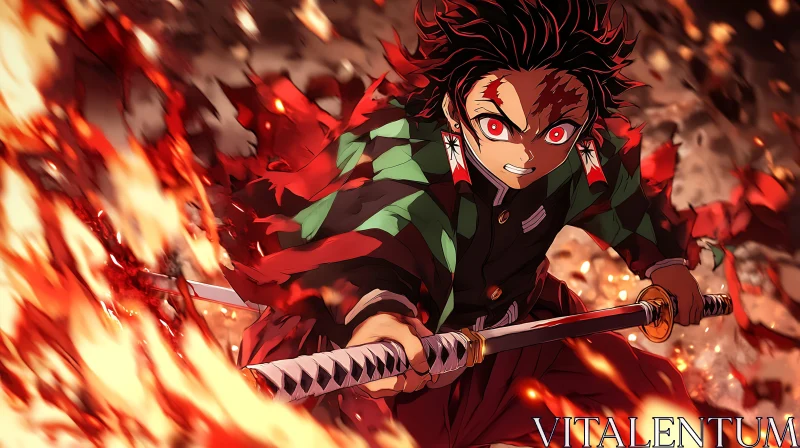 Anime Warrior Amidst Flames AI Image