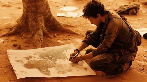 Traveler charting course on paper map