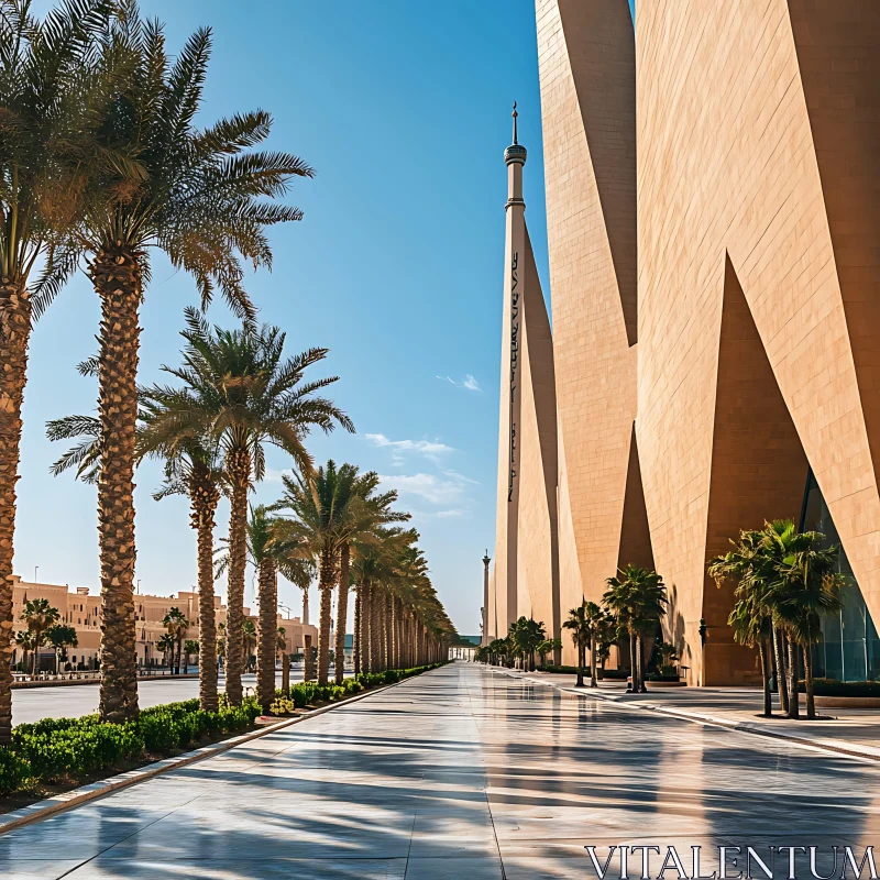 Urban Landscape with Palm Trees and Geometric Building AI Image