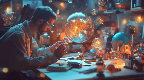 Man in Lab with Glowing Spheres