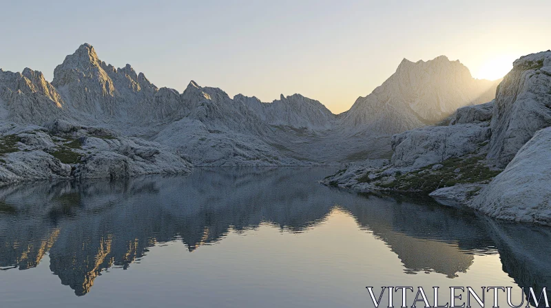 Peaceful Mountain Scene at Sunrise AI Image