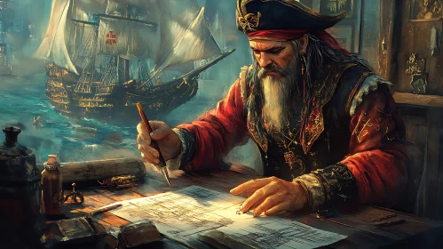 Old Pirate Drawing a Treasure Map