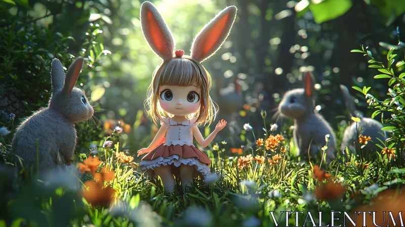 Whimsical Bunny Doll in Nature AI Image