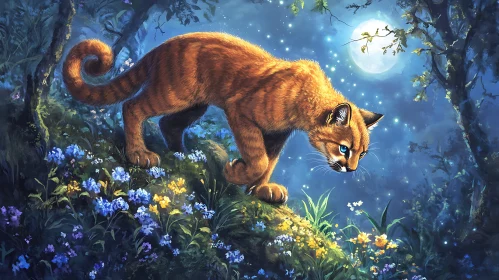 Orange Cat in Floral Nightscape