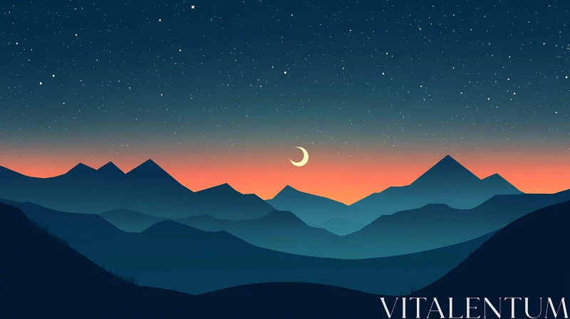 AI ART Layered Mountains with Crescent Moon