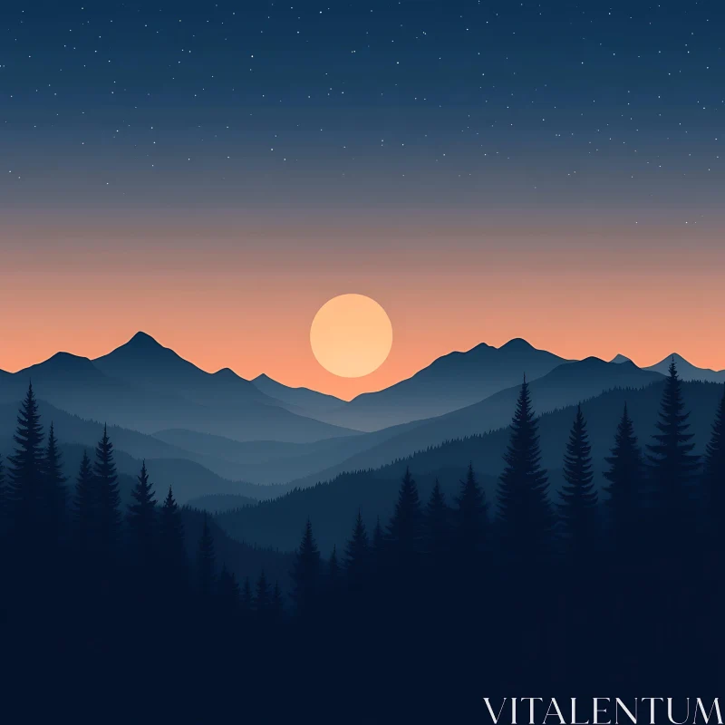 AI ART Peaceful Mountain Sunset Over Forest