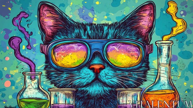 AI ART Colorful Cat with Beakers Illustration