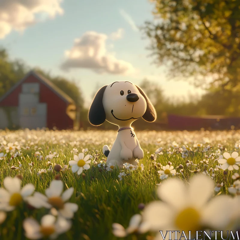 Charming Cartoon Dog Amidst Daisies AI Image