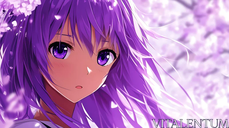 Purple-Haired Anime Girl in Cherry Blossom Scene AI Image