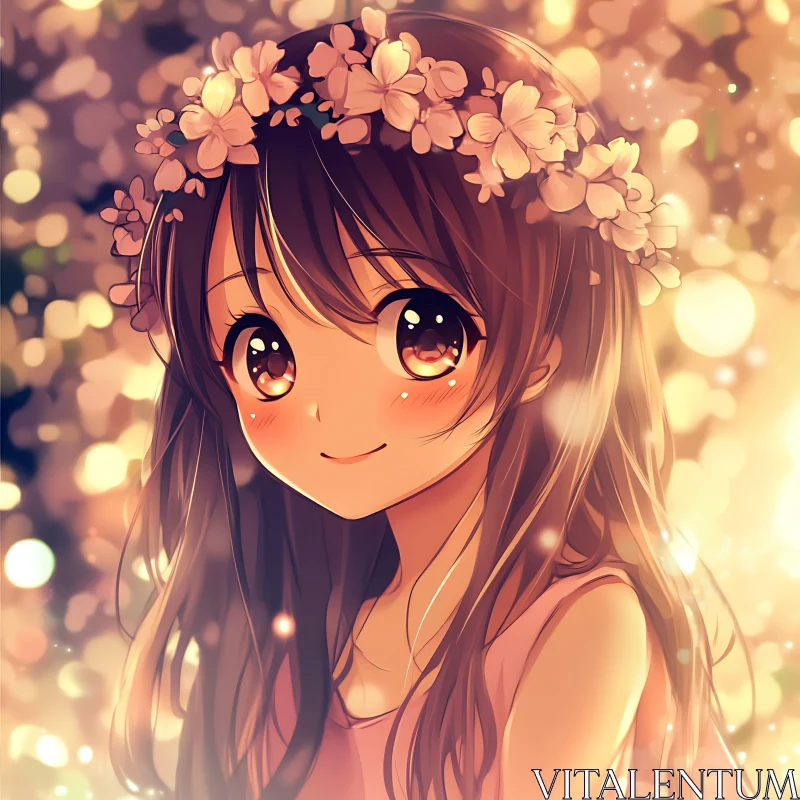 Anime Girl with Flower Crown and Glowing Background AI Image