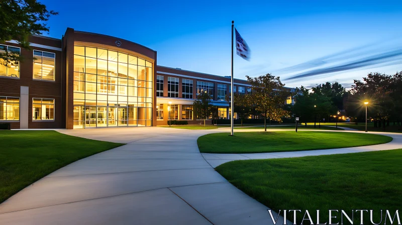 Twilight View of a Modern Campus Building AI Image