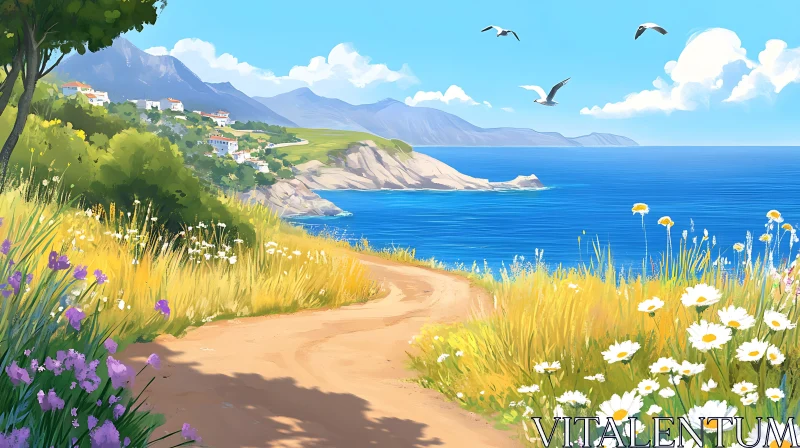 AI ART Seaside Path with Wildflowers and Birds