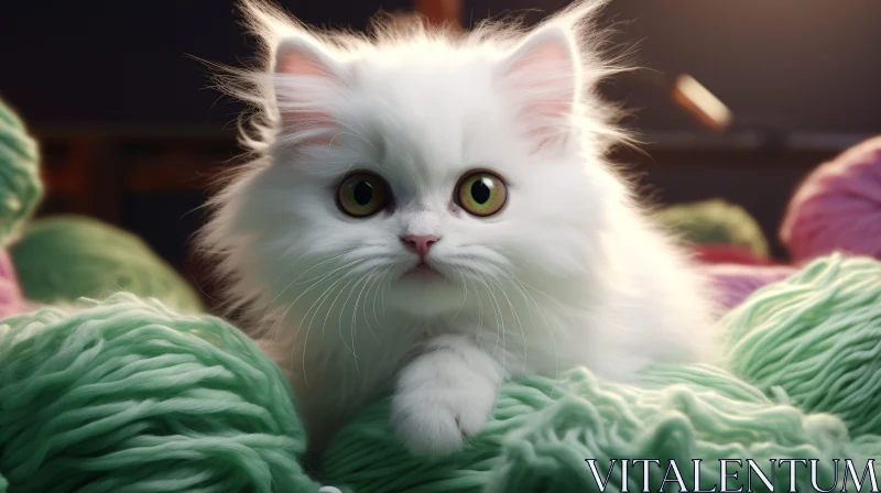 AI ART Cute Fluffy White Kitten Surrounded by Yarn