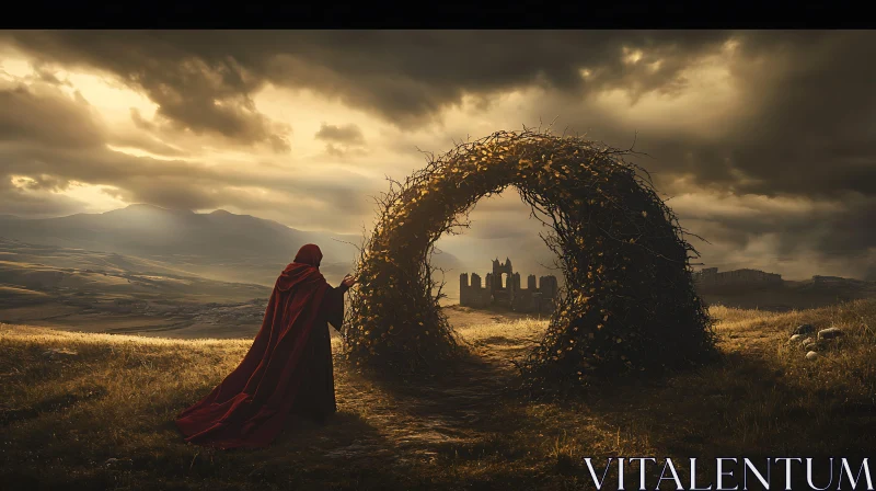 Red Cloak and Distant Castle Vista AI Image