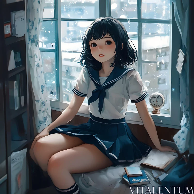 Anime Scene with School Girl and Snow AI Image