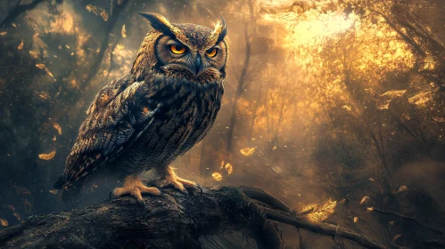 Mystical Owl Perched in Golden Sunset Forest