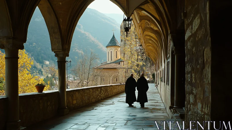 Historic Monastery Walkway with Autumn Foliage AI Image