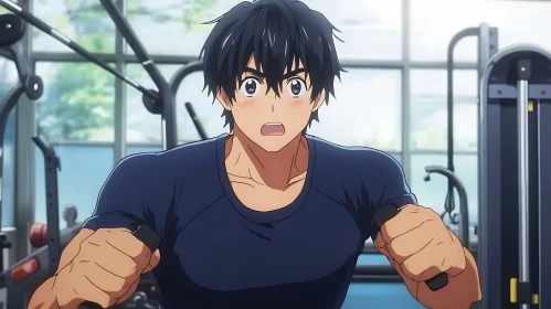 Focused Anime Character Exercising in Gym