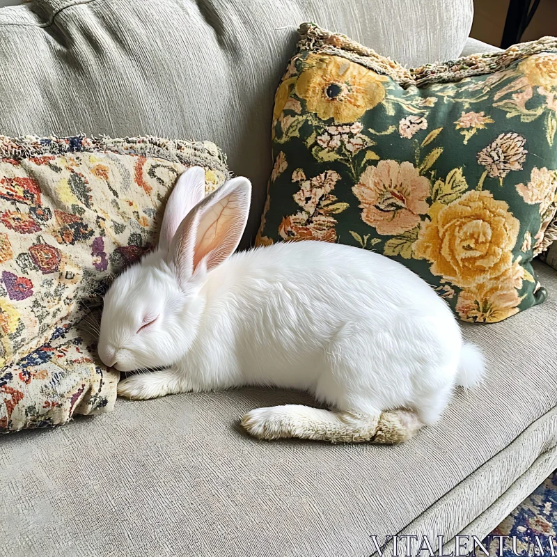 AI ART White Rabbit Sleeping on Floral Pillows