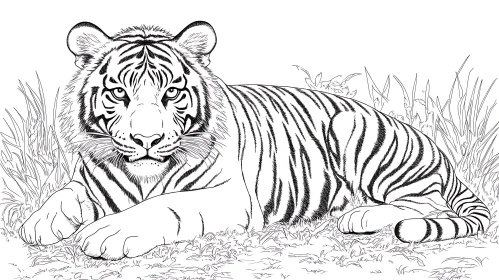 Monochrome Tiger Resting in Grass