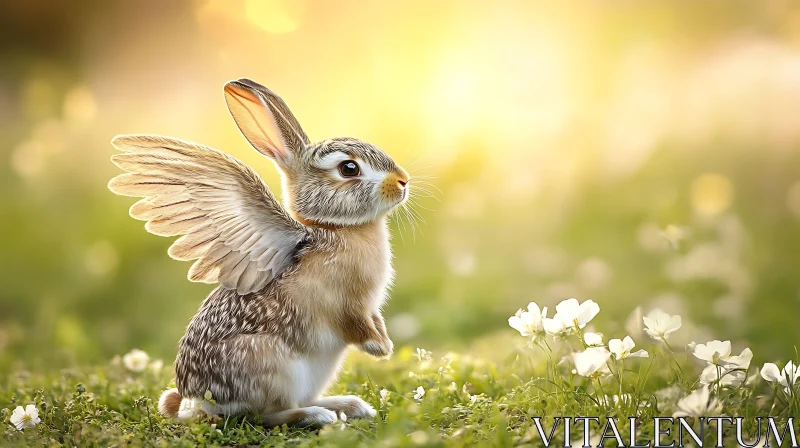 Winged Hare in Floral Field AI Image