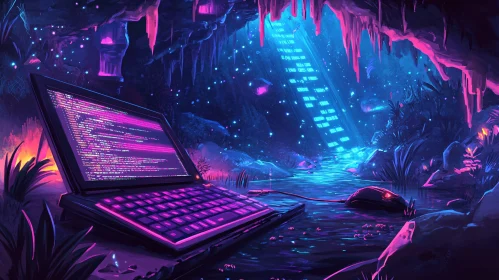 Laptop in Neon Lit Cave