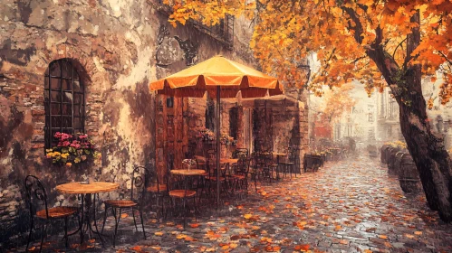 Rustic Café Scene with Autumn Leaves and Cobblestone Street