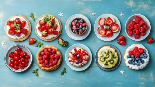 Assorted Fruit Desserts on Blue Background