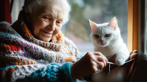 Elderly Woman and Cat Enjoying a Cozy Moment by the Window