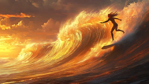 Silhouette Surfer on Fiery Wave