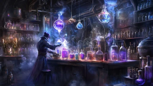 Alchemist's Enchanting Potion Brewing in Laboratory
