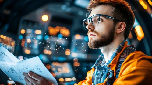 Man with Blueprints in Futuristic Control Center