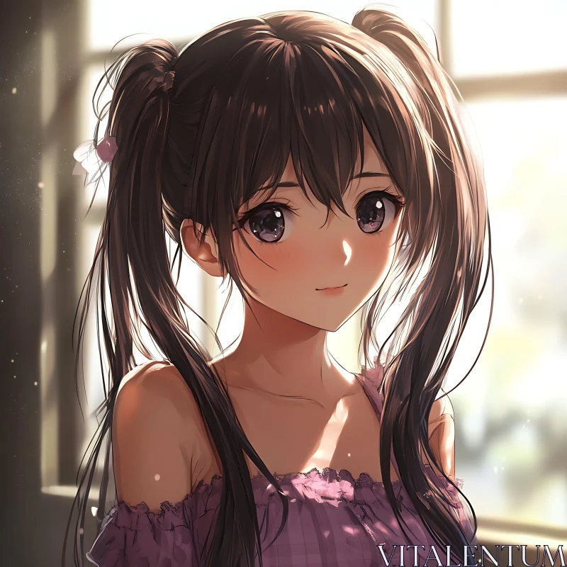 Sunlit Anime Girl With Pigtails AI Image