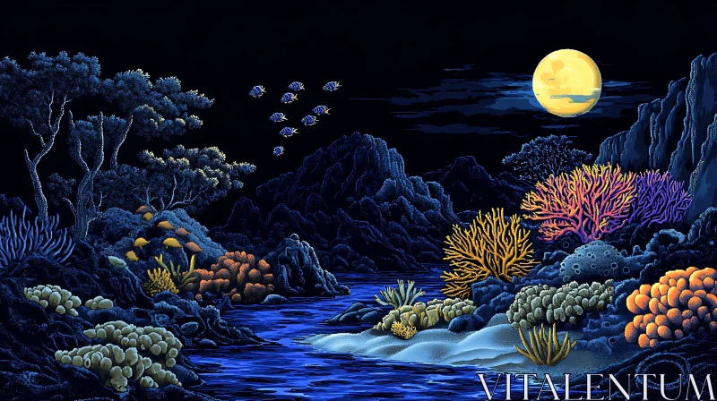 Pixelated Seascape: Moonlight and Corals AI Image