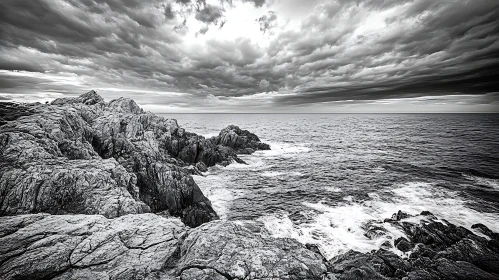 Dramatic Ocean View with Rocks and Clouds