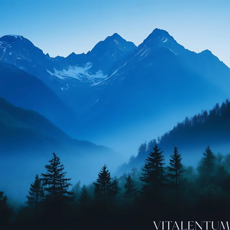 Misty Blue Mountain Forest Serenity AI Image