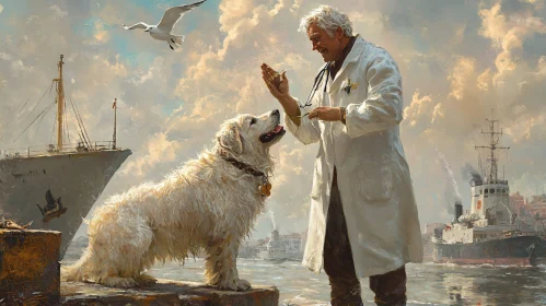 Doctor Treating Dog by Waterfront