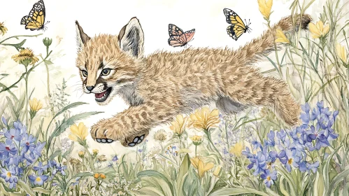 Leaping Bobcat Kitten with Butterflies