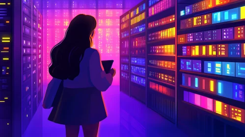 Woman in a Neon Lit Server Room