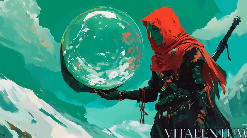 AI ART Red Hooded Figure Holding Sphere