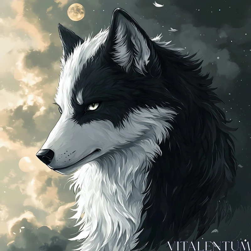 AI ART Wolf Portrait Under a Cloudy Moon