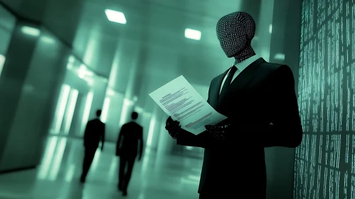 AI Robot Reading Documents in Hallway